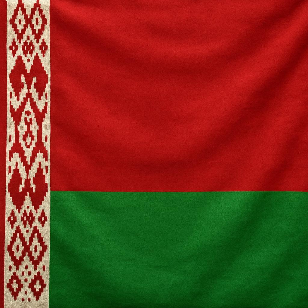 Flag of Belarus featuring red and green horizontal stripes with a decorative white and red pattern on the left side.